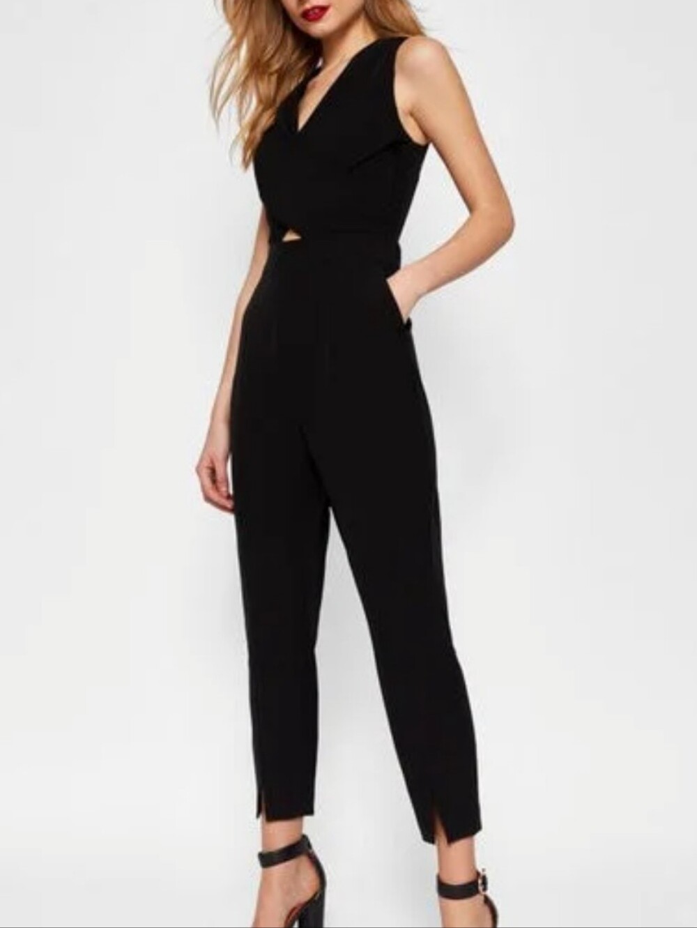 Nwot Ted Baker Black Sleeveless V-Neck Jumpsuit Ankle Slits Size US 4 Minimalist